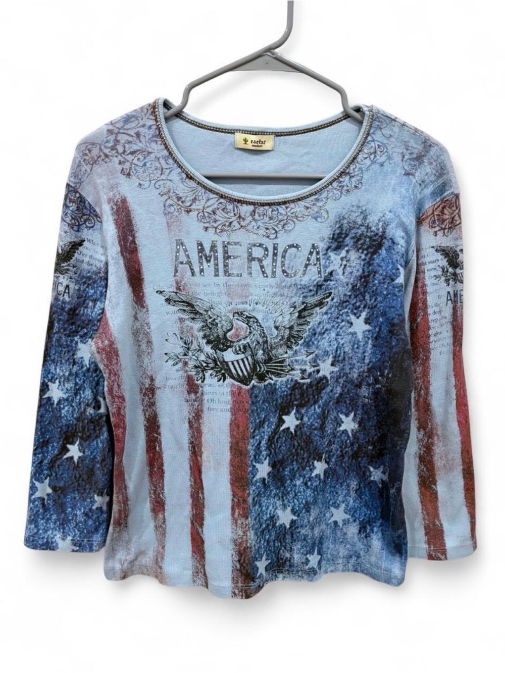Y2K Cactus American Flag Embellished Shirt Medium Vintage Patriotic Americana
